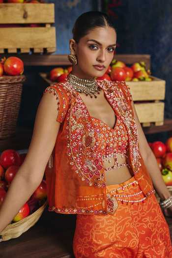 Buy_Show Shaa_Orange Organza, Chanderi Bahar Jacket And Printed Pant Set _Online_at_Aza_Fashions