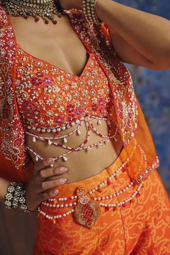 Show Shaa_Orange Organza, Chanderi Bahar Jacket And Printed Pant Set _at_Aza_Fashions