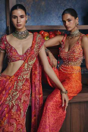 Buy_Show Shaa_Orange Organza, Chanderi Bahar Jacket And Printed Pant Set 