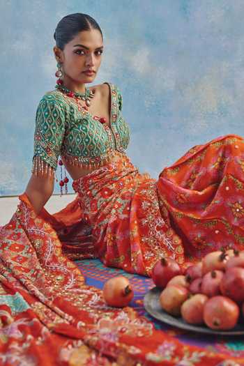 Show Shaa Orange Georgette, Satin, Chanderi Scoop Riwayat Printed Pre-pleated Saree Set Online at Aza Fashions Show Shaa_Orange Georgette, Satin, Chanderi Scoop Riwayat Printed Pre-pleated Saree Set _Online_at_Aza_Fashions