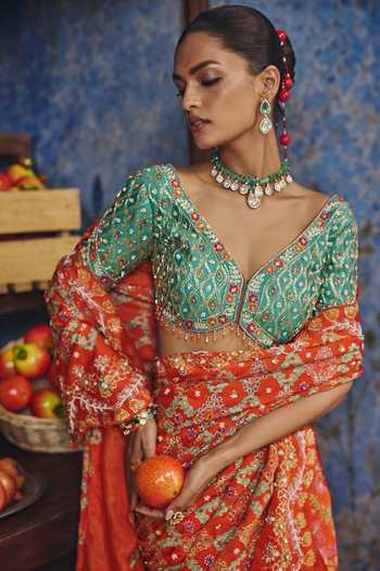 Buy Show Shaa Orange Georgette, Satin, Chanderi Scoop Riwayat Printed Pre-pleated Saree Set Online at Aza Fashions Buy_Show Shaa_Orange Georgette, Satin, Chanderi Scoop Riwayat Printed Pre-pleated Saree Set _Online_at_Aza_Fashions