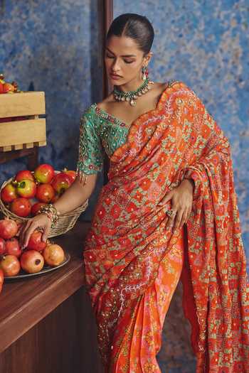 Shop Show Shaa Orange Georgette, Satin, Chanderi Scoop Riwayat Printed Pre-pleated Saree Set Online at Aza Fashions Shop_Show Shaa_Orange Georgette, Satin, Chanderi Scoop Riwayat Printed Pre-pleated Saree Set _Online_at_Aza_Fashions