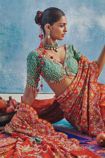 Show Shaa Orange Georgette, Satin, Chanderi Scoop Riwayat Printed Pre-pleated Saree Set at Aza Fashions Show Shaa_Orange Georgette, Satin, Chanderi Scoop Riwayat Printed Pre-pleated Saree Set _at_Aza_Fashions