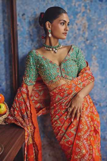 Shop Show Shaa Orange Georgette, Satin, Chanderi Scoop Riwayat Printed Pre-pleated Saree Set Shop_Show Shaa_Orange Georgette, Satin, Chanderi Scoop Riwayat Printed Pre-pleated Saree Set