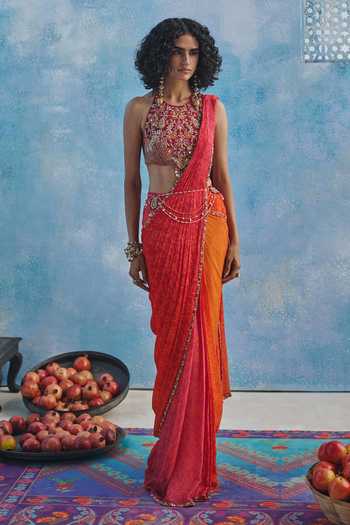 Show Shaa_Orange Chanderi, Chinon Halter Neck Subh Pre-draped Saree Set _Online_at_Aza_Fashions