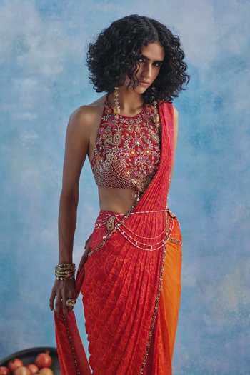 Buy_Show Shaa_Orange Chanderi, Chinon Halter Neck Subh Pre-draped Saree Set _Online_at_Aza_Fashions