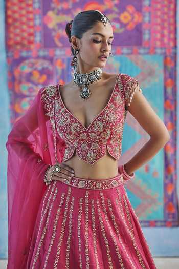 Show Shaa_Pink Organza, Raw Silk Sweetheart Neck Noor Mahal Embroidered Bridal Lehenga Set _Online_at_Aza_Fashions