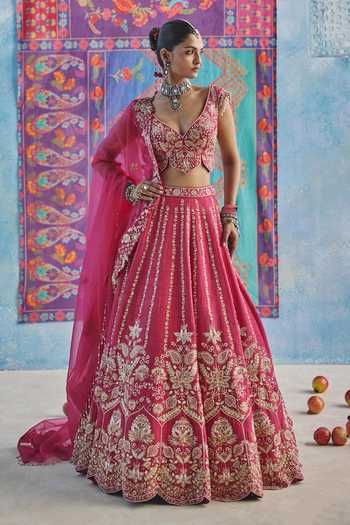 Buy_Show Shaa_Pink Organza, Raw Silk Sweetheart Neck Noor Mahal Embroidered Bridal Lehenga Set _Online_at_Aza_Fashions