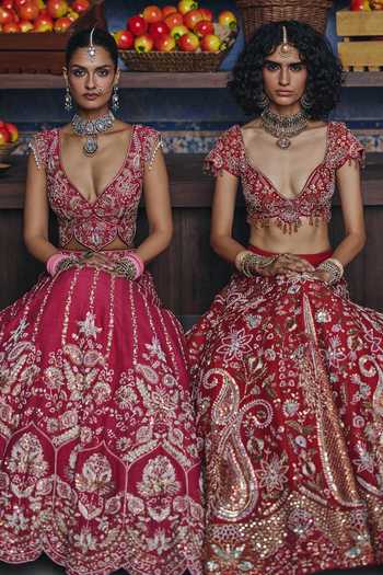 Shop_Show Shaa_Pink Organza, Raw Silk Sweetheart Neck Noor Mahal Embroidered Bridal Lehenga Set _Online_at_Aza_Fashions