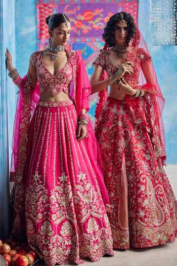 Show Shaa_Pink Organza, Raw Silk Sweetheart Neck Noor Mahal Embroidered Bridal Lehenga Set _at_Aza_Fashions