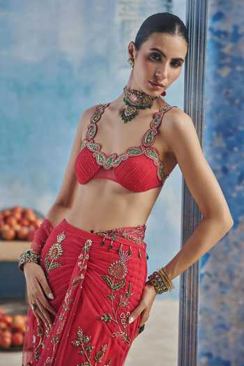 Show Shaa Pink Net, Dupion Embroidery, Applique Harsha Pre-draped Saree With Bralette Online at Aza Fashions Show Shaa_Pink Net, Dupion Embroidery, Applique Harsha Pre-draped Saree With Bralette _Online_at_Aza_Fashions