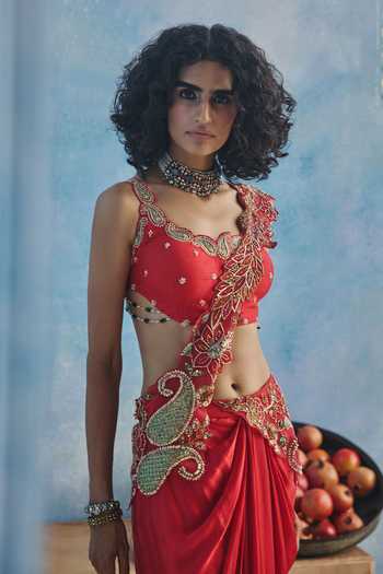 Show Shaa_Red Chanderi, Satin Sweetheart Neck Adaa Pre-draped Saree With Blouse _Online_at_Aza_Fashions