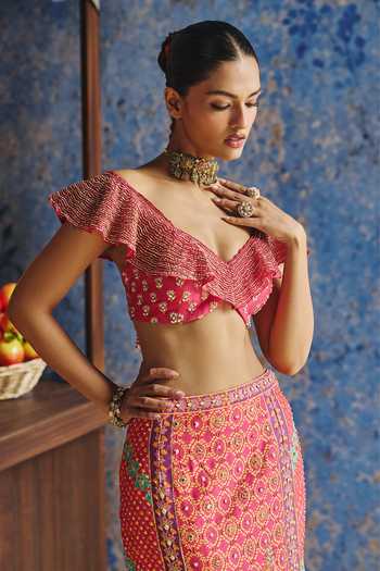 Show Shaa_Red Organza, Chanderi Off-shoulder Mayurang Frill Top And Skirt Set _Online_at_Aza_Fashions