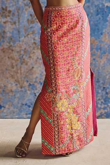 Buy_Show Shaa_Red Organza, Chanderi Off-shoulder Mayurang Frill Top And Skirt Set _Online_at_Aza_Fashions