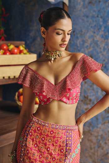 Shop_Show Shaa_Red Organza, Chanderi Off-shoulder Mayurang Frill Top And Skirt Set _Online_at_Aza_Fashions