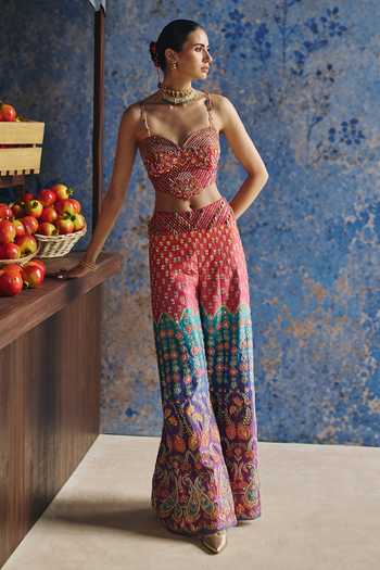 Show Shaa_Multi Color Chanderi Beads, Cut Work Sweetheart Neck Meherang Corset And Pant Set _Online_at_Aza_Fashions