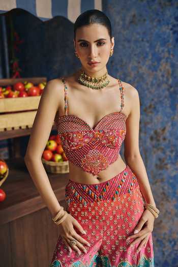 Shop_Show Shaa_Multi Color Chanderi Beads, Cut Work Sweetheart Neck Meherang Corset And Pant Set _Online_at_Aza_Fashions