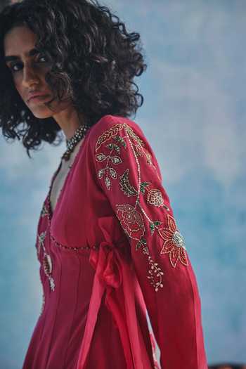 Show Shaa_Pink Organza, Chanderi V-neck Jashn Angrakha Kurta Set _Online_at_Aza_Fashions