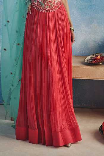 Show Shaa_Red Organza, Chanderi Square Neck Firoza Anarkali With Contrast Dupatta _Online_at_Aza_Fashions