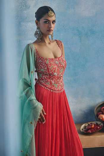 Buy_Show Shaa_Red Organza, Chanderi Square Neck Firoza Anarkali With Contrast Dupatta _Online_at_Aza_Fashions