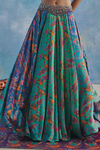 Show Shaa_Blue Chanderi, Satin Halter Neck Ambuvan Printed Lehenga With Blouse _Online_at_Aza_Fashions