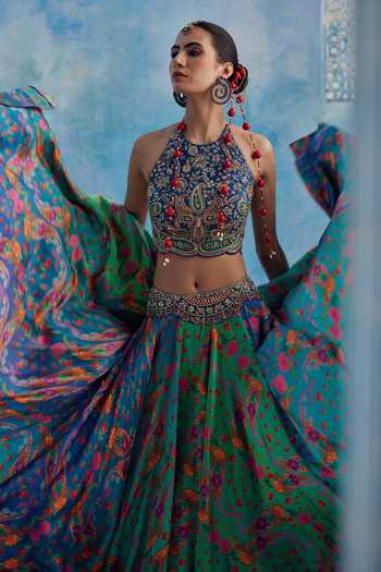 Buy_Show Shaa_Blue Chanderi, Satin Halter Neck Ambuvan Printed Lehenga With Blouse _Online_at_Aza_Fashions
