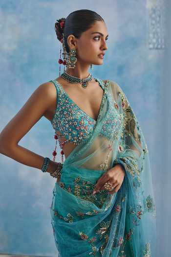 Show Shaa_Blue Chanderi, Net V-neck Tarini Pre-draped Saree Set _Online_at_Aza_Fashions