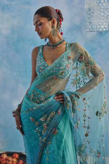 Buy_Show Shaa_Blue Chanderi, Net V-neck Tarini Pre-draped Saree Set _Online_at_Aza_Fashions