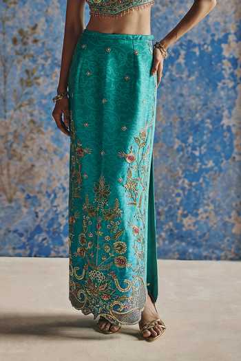 Buy Show Shaa Blue Chanderi Scoop Neck Neel Printed Crop Top And Straight Skirt Set Online at Aza Fashions Buy_Show Shaa_Blue Chanderi Scoop Neck Neel Printed Crop Top And Straight Skirt Set _Online_at_Aza_Fashions