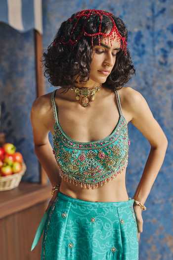 Shop Show Shaa Blue Chanderi Scoop Neck Neel Printed Crop Top And Straight Skirt Set Online at Aza Fashions Shop_Show Shaa_Blue Chanderi Scoop Neck Neel Printed Crop Top And Straight Skirt Set _Online_at_Aza_Fashions