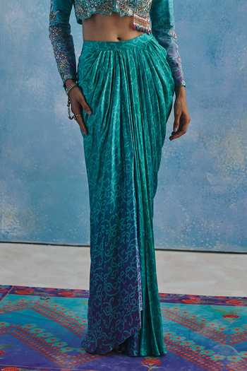 Show Shaa_Blue Chanderi, Satin Shawl Neck Nazrana Draped Skirt And Jacket Set _Online_at_Aza_Fashions