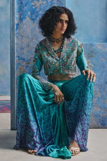 Buy_Show Shaa_Blue Chanderi, Satin Shawl Neck Nazrana Draped Skirt And Jacket Set _Online_at_Aza_Fashions