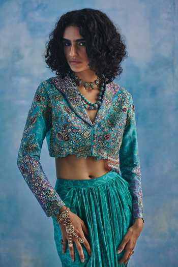 Shop_Show Shaa_Blue Chanderi, Satin Shawl Neck Nazrana Draped Skirt And Jacket Set _Online_at_Aza_Fashions