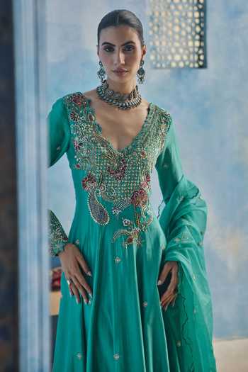 Show Shaa_Blue Organza, Chanderi V-neck Ambar Anarkali With Sheer Dupatta _Online_at_Aza_Fashions