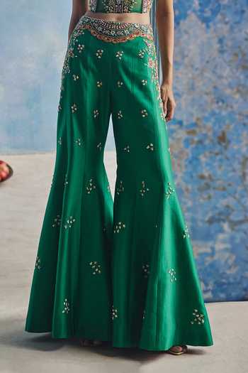 Show Shaa_Emerald Green Chanderi Pearls, Zari, Cut Barkat Embroidered Corset And Pant Set _Online_at_Aza_Fashions