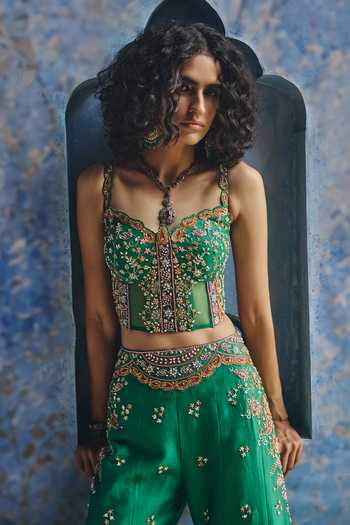 Buy_Show Shaa_Emerald Green Chanderi Pearls, Zari, Cut Barkat Embroidered Corset And Pant Set _Online_at_Aza_Fashions