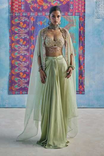 Show Shaa Kanan Embroidered Cape Draped Skirt Set 