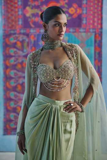 Buy Show Shaa Green Organza, Chanderi, Satin Kanan Embroidered Cape Draped Skirt Set Online at Aza Fashions Buy_Show Shaa_Green Organza, Chanderi, Satin Kanan Embroidered Cape Draped Skirt Set _Online_at_Aza_Fashions