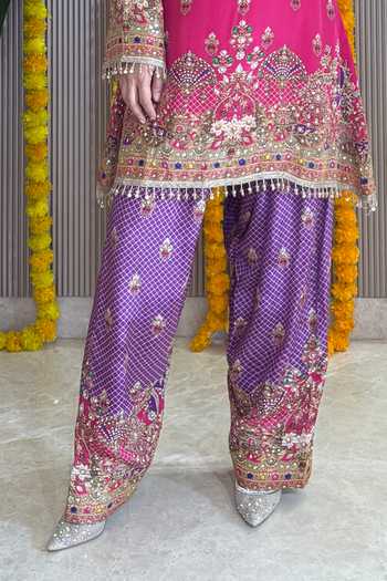 Surkh Syahi Pink Crepe Round Neck Rooh Embellished Kurta Farshi Salwar Set Online at Aza Fashions Surkh Syahi_Pink Crepe Round Neck Rooh Embellished Kurta Farshi Salwar Set _Online_at_Aza_Fashions