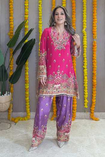 Buy Surkh Syahi Pink Crepe Round Neck Rooh Embellished Kurta Farshi Salwar Set Online at Aza Fashions Buy_Surkh Syahi_Pink Crepe Round Neck Rooh Embellished Kurta Farshi Salwar Set _Online_at_Aza_Fashions
