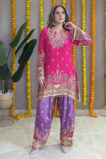 Shop Surkh Syahi Pink Crepe Round Neck Rooh Embellished Kurta Farshi Salwar Set Online at Aza Fashions Shop_Surkh Syahi_Pink Crepe Round Neck Rooh Embellished Kurta Farshi Salwar Set _Online_at_Aza_Fashions