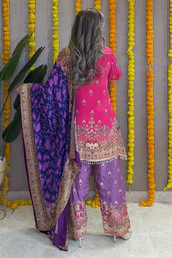 Surkh Syahi Pink Crepe Round Neck Rooh Embellished Kurta Farshi Salwar Set at Aza Fashions Surkh Syahi_Pink Crepe Round Neck Rooh Embellished Kurta Farshi Salwar Set _at_Aza_Fashions