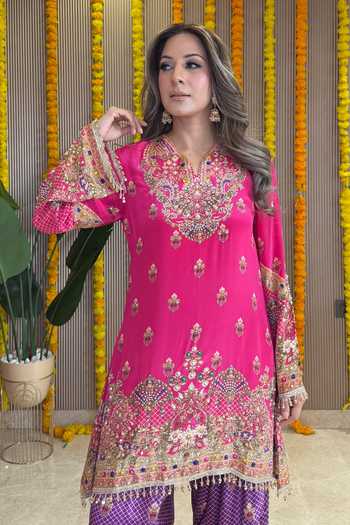 Buy Surkh Syahi Pink Crepe Round Neck Rooh Embellished Kurta Farshi Salwar Set Buy_Surkh Syahi_Pink Crepe Round Neck Rooh Embellished Kurta Farshi Salwar Set