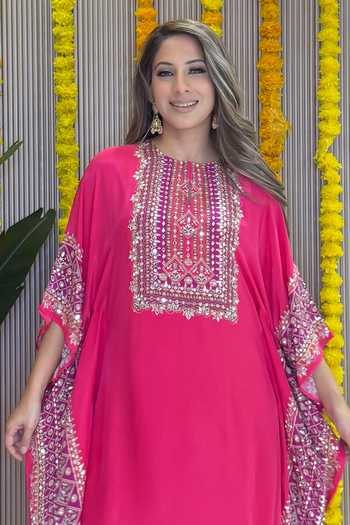 Buy Surkh Syahi Pink Crepe Embroidery, Beads, Mirrors Round Salma Sitara Raspberry Kaftan Set Online at Aza Fashions Buy_Surkh Syahi_Pink Crepe Embroidery, Beads, Mirrors Round Salma Sitara Raspberry Kaftan Set _Online_at_Aza_Fashions