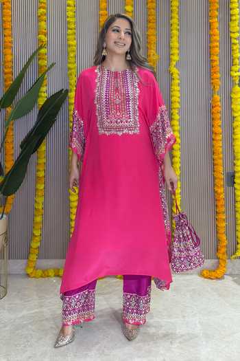 Shop_Surkh Syahi_Pink Crepe Embroidery, Beads, Mirrors Round Salma Sitara Raspberry Kaftan Set _Online_at_Aza_Fashions