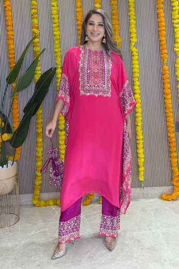 Surkh Syahi_Pink Crepe Embroidery, Beads, Mirrors Round Salma Sitara Raspberry Kaftan Set _at_Aza_Fashions