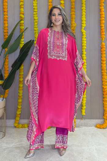 Buy_Surkh Syahi_Pink Crepe Embroidery, Beads, Mirrors Round Salma Sitara Raspberry Kaftan Set 