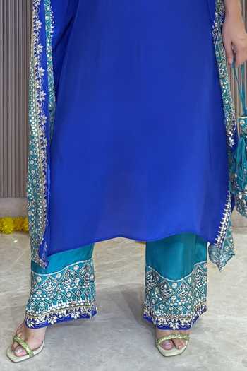 Surkh Syahi Blue Crepe Embroidery, Mirrors Round Neck Salma Sitara Kaftan Set Online at Aza Fashions Surkh Syahi_Blue Crepe Embroidery, Mirrors Round Neck Salma Sitara Kaftan Set _Online_at_Aza_Fashions