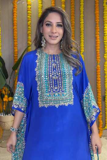 Buy_Surkh Syahi_Blue Crepe Embroidery, Mirrors Round Neck Salma Sitara Kaftan Set _Online_at_Aza_Fashions
