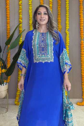 Shop_Surkh Syahi_Blue Crepe Embroidery, Mirrors Round Neck Salma Sitara Kaftan Set _Online_at_Aza_Fashions